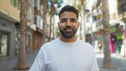 Fototapeta premium Handsome young man smiling on an urban street with palm trees and city buildings in the background.