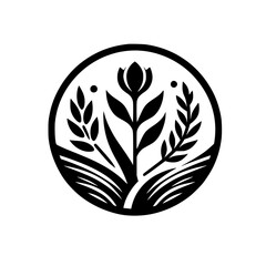 A stylized, monochrome botanical emblem featuring a central flower, flanked by wheat and leaf sprigs, enclosed within a circular frame, representing nature's bounty.