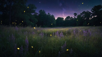 A serene field illuminated by fireflies under a starry sky at dusk.
