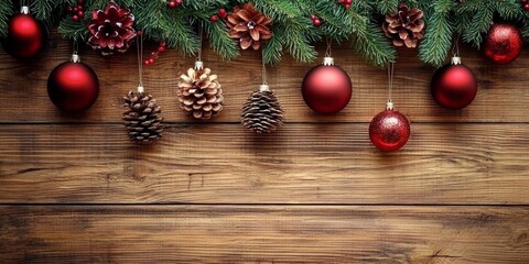 Vibrant Christmas Decorations Resting on Rustic Wooden Surface