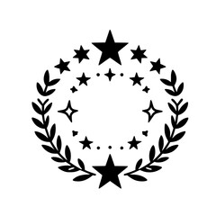 A symmetrical black and white decorative design featuring a star-studded circle enclosed by a leafy wreath.