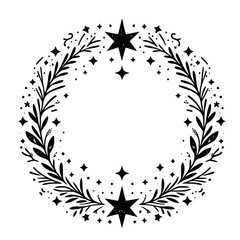 Elegant Black and White Circular Wreath Illustration Adorned with Foliage, Stars, and a Delicate Starburst Pattern, Ideal for Festive Designs.