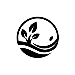 Minimalist black and white logo design featuring a stylized plant with leaves, contained within a circle, above a wavy line, with a leaf, evoking nature.