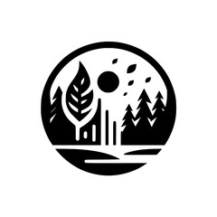 A minimalist black and white emblem depicts a stylized forest landscape with trees, a leaf, a sun, and falling leaves, all within a circular frame, conveying a serene natural aesthetic.