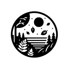 Black and white circular minimalist illustration of a forest scene with a lake, moon, leaves, and trees, inside a circle.