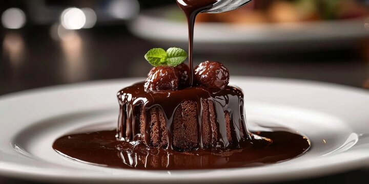 An enticing view of warm dark chocolate enhancing a sweet treat.