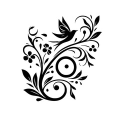 Elegant Monochrome Floral Design Featuring a Bird in Flight, Swirling Vines, Leaves, and Geometric Orbs.