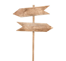 direction sign light brown with two boards in the form of arrows, on a white isolated background