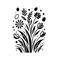 Minimalist black and white floral design featuring flowers, foliage, and abstract elements, creating a symmetrical, stylized composition for a modern aesthetic.