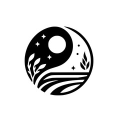 Yin and Yang night scene within a circle, featuring moon, stars, and nature elements.