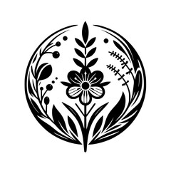 Symmetrical Floral Design in a Circle: A monochromatic illustration of a central flower and leaves, enveloped within a circular border of botanical elements, creating a harmonious and elegant composit