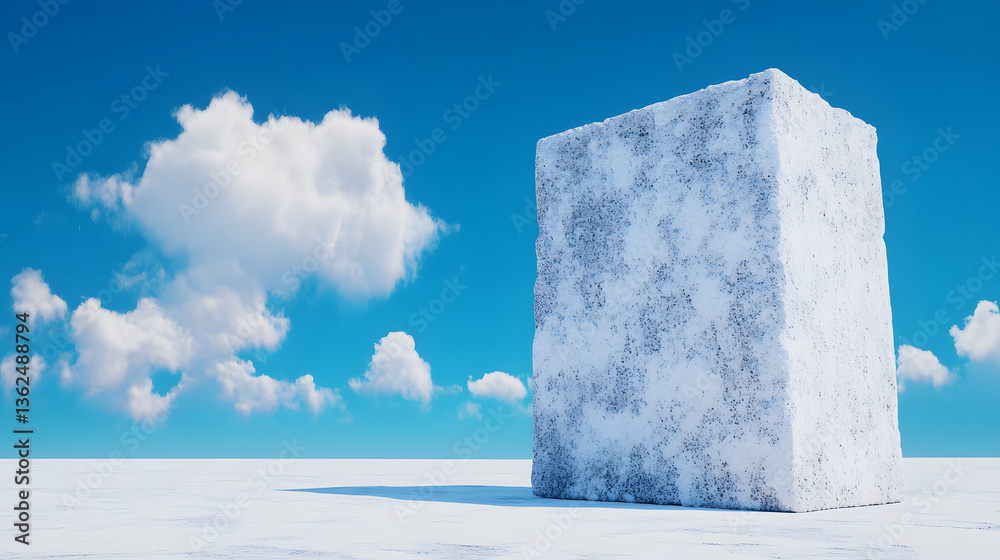 Poster A large ice block stands on a snowy landscape under a bright blue sky with fluffy clouds