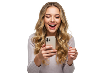 Pretty woman with fair hair holding mobile phone laughing at memes, surfing internet isolated on White background PNG transparent background