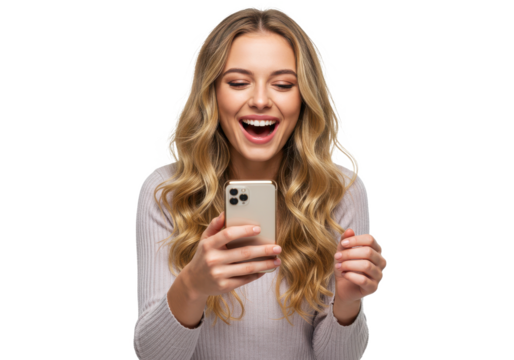 Pretty woman with fair hair holding mobile phone laughing at memes, surfing internet isolated on White background PNG transparent background