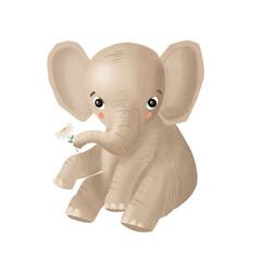 Cute elephant with a flower cartoon hand drawn illustration. Can be used for t-shirt print, kids wear fashion design, baby shower invitation card.