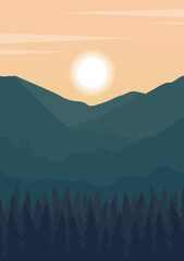 View on morning mountains with sunrise poster. Aesthetic minimalist Swiss pine tree forest. Springtime