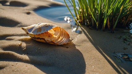 Obraz premium A seashell rests on sandy soil near water and grass, highlighting nature's beauty.