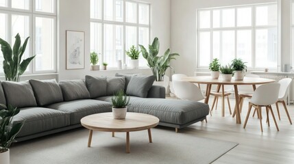 modern, minimalist, living room, gray sectional sofa, white walls, large windows, plants, wooden coffee table, neutral color palette, bright and airy, Scandinavian style, natural lighting
