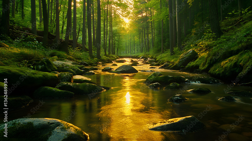 Poster a serene forest scene with a glimmering stream reflecting sunlight, surrounded by lush greenery and 