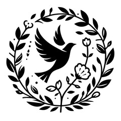 Stylized, minimalist black and white circular illustration featuring a dove in flight, surrounded by a floral wreath, representing peace and nature.