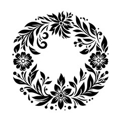 A circular floral wreath in a minimalist style. Featuring stylized black flowers and foliage arranged symmetrically against a clean white background, creating a striking and elegant design.