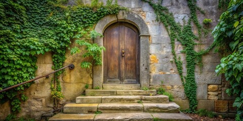Fototapeta premium A weathered stone wall adorned with lush ivy vines, leading to a rustic wooden door with an arched entryway and a stone staircase, creating a sense of mystery and forgotten history.
