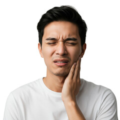 Obraz premium Tooth ache concept. Indoor shot of young male feeling pain, holding his cheek with hand isolated on White background PNG transparent background