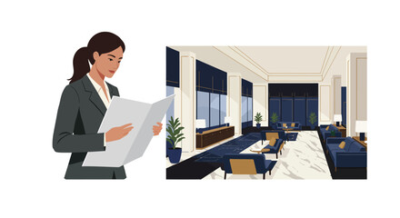 Businesswoman reading document in modern office flat vector art