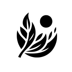 A minimalist black and white logo featuring a stylized leaf arrangement within an arc, with a circular element representing the sun, symbolizing nature and harmony.