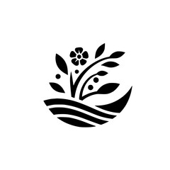 A stylized, symmetrical black and white illustration depicting a floral arrangement with a flower and leaves emerging from a semi-circular base.
