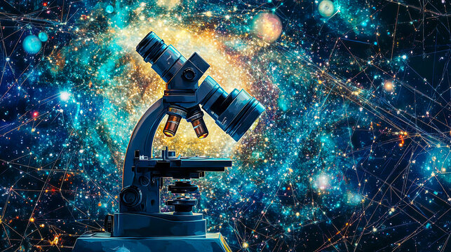 Abstract depiction of a microscope designed as a starry sky or outer space, formed by a network of points, lines