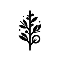 Elegant Black and White Stylized Plant Illustration with Leaves, Berries, and a Swirl, Representing Nature and Growth.