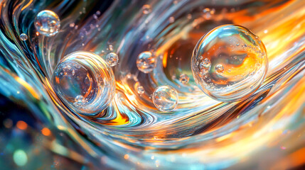 Abstract fluid metallic art featuring dynamic swirling patterns, iridescent textures, and floating bubbles, creating a mesmerizing and vibrant composition