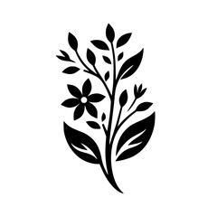 Elegant Black and White Floral Silhouette: A Stylized Blossom with Leaves, Buds, and Decorative Stem, Isolated on White.