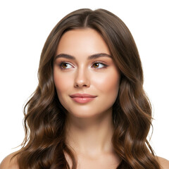 Fototapeta premium Portrait of young pensive dreamful smiling beautiful female with brown eyes isolated on White background PNG transparent background