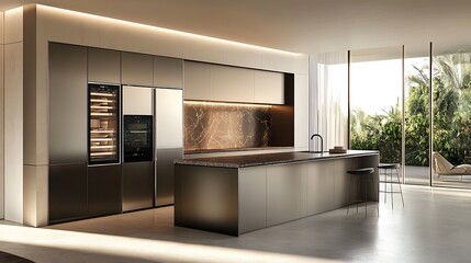 Luxury modern kitchen with a built-in smart refrigerator, interactive backsplash screens, and a bright environment with natural sunlight 