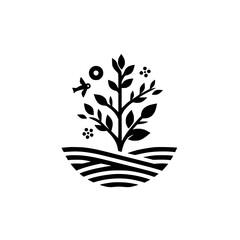 Elegant monochrome logo design featuring a stylized tree flourishing with leaves, berries, and a bird, set against a backdrop of a stylized landscape.