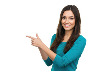 Young woman pointing to the side, showing offer isolated on White background PNG transparent background