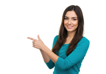 Young woman pointing to the side, showing offer isolated on White background PNG transparent background