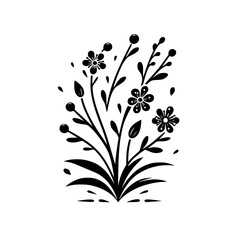 Elegant Monochrome Floral Illustration: A stylized bouquet of blossoming flowers, berries, and foliage rendered in black and white, creating a clean, symmetrical design.