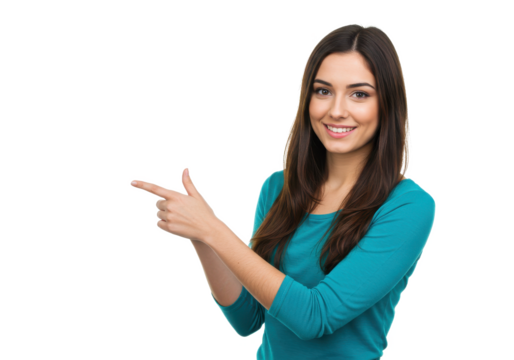 Young woman pointing to the side, showing offer isolated on White background PNG transparent background