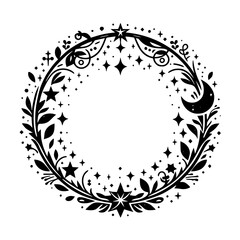 An intricate, circular black and white illustration of celestial elements including stars, crescent moon, and botanical details arranged in a decorative wreath.