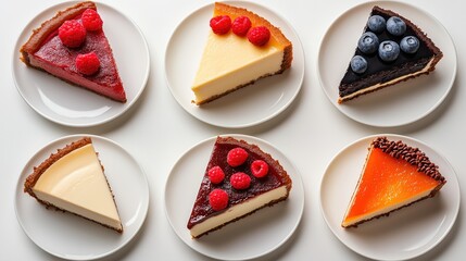 6 pieces of different types of cheesecake on white plates, top view, flat lay, isolated on the background