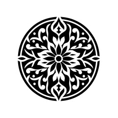 Elegant Black and White Mandala: A symmetrical floral design radiating outwards from a central point, set against a bright white backdrop.