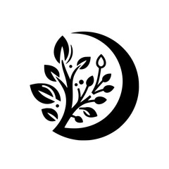 A minimalist black and white logo depicting a stylized tree, adorned with leaves and buds, set within a crescent moon shape, conveying growth and serenity.