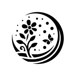 Monochromatic Floral Circle Design: A stylized flower, leaves, butterfly, and dots encapsulated within a black circular frame on a white backdrop.