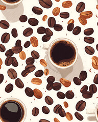 Obraz premium seamless pattern Realistic and artistic illustrations of coffee beans, brewing equipment, coffee cups for background or wallpaper