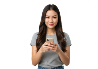 Student woman with phone in her hands isolated on White background PNG transparent background