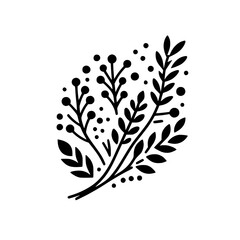 Minimalist Black and White Botanical Illustration: Elegant arrangement of leaves, berries, and dots, creating a symmetrical design.
