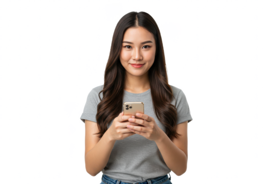 Student woman with phone in her hands isolated on White background PNG transparent background